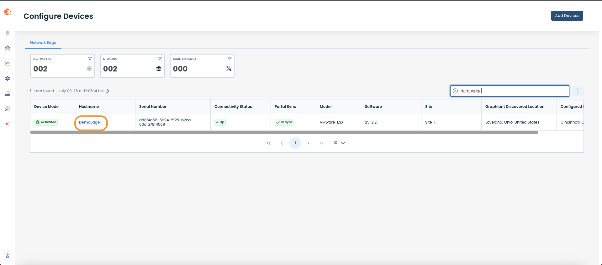Device configuration interface showing activated status and hostname details for DemoEdge.